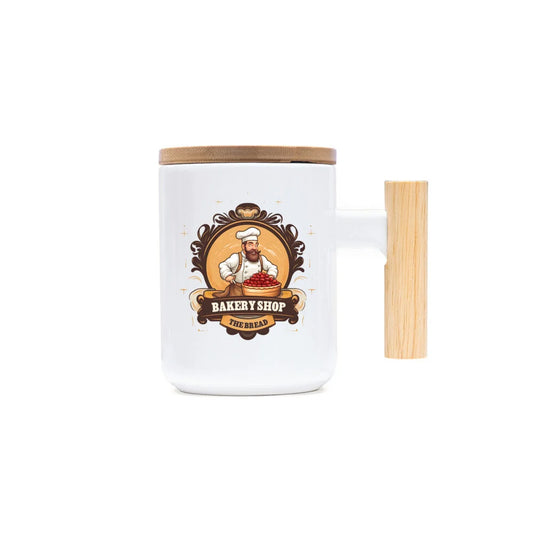 Ceramic mug with bamboo handle and lid White
