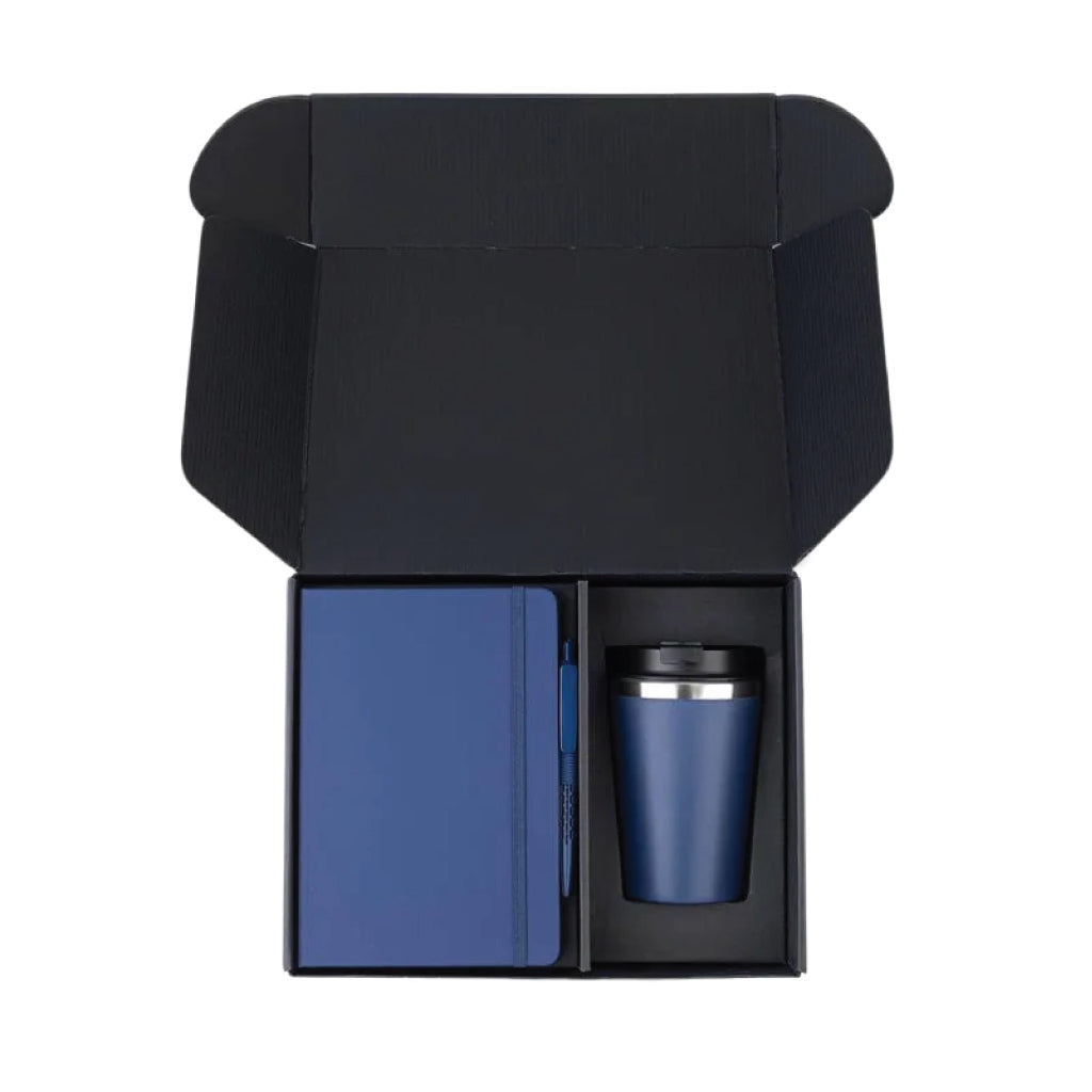 Gift Set Of Double Walled Tumbler, A5 Notebook And Pen – Navy Blue