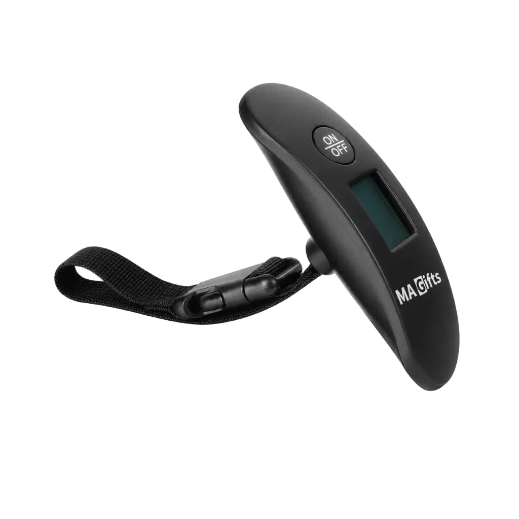 A black handheld digital magnifier with an ON/OFF switch, a small display screen, and a black wrist strap, branded with 'MAG Gifts' on a white background.