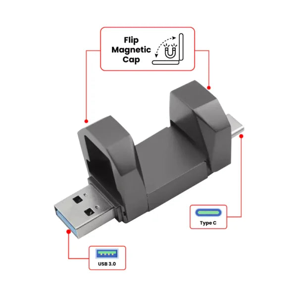 OTG USB Flip in Gun Metal 32GB V. 3.0 Type C Flip Magnetic Cap
