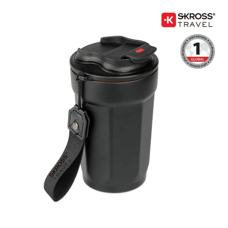 Black travel mug with a strap and Skross logo on a white background