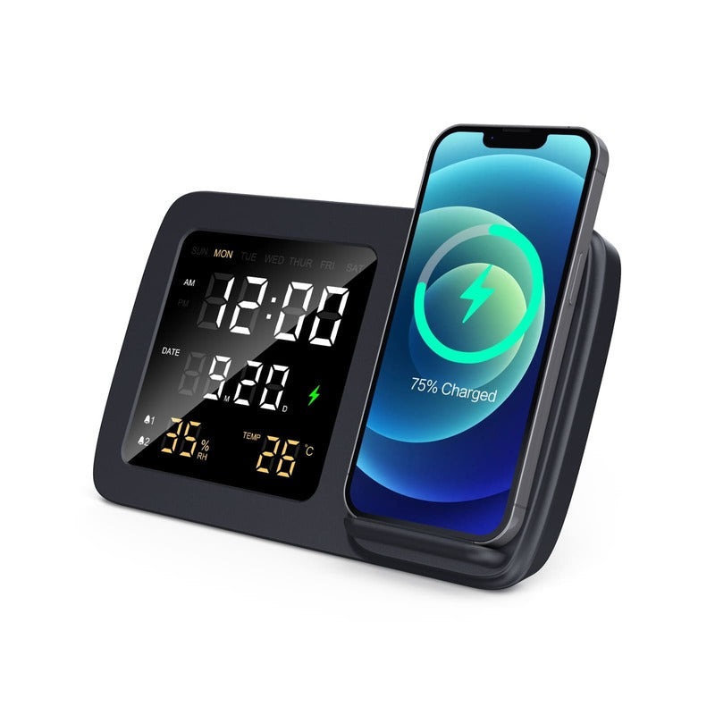 Digital Alarm Clock & Wireless Charger - Black