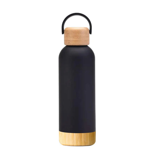 A matte black insulated water bottle with a light natural bamboo lid and base, featuring a black carrying loop, shown on a solid white background.
